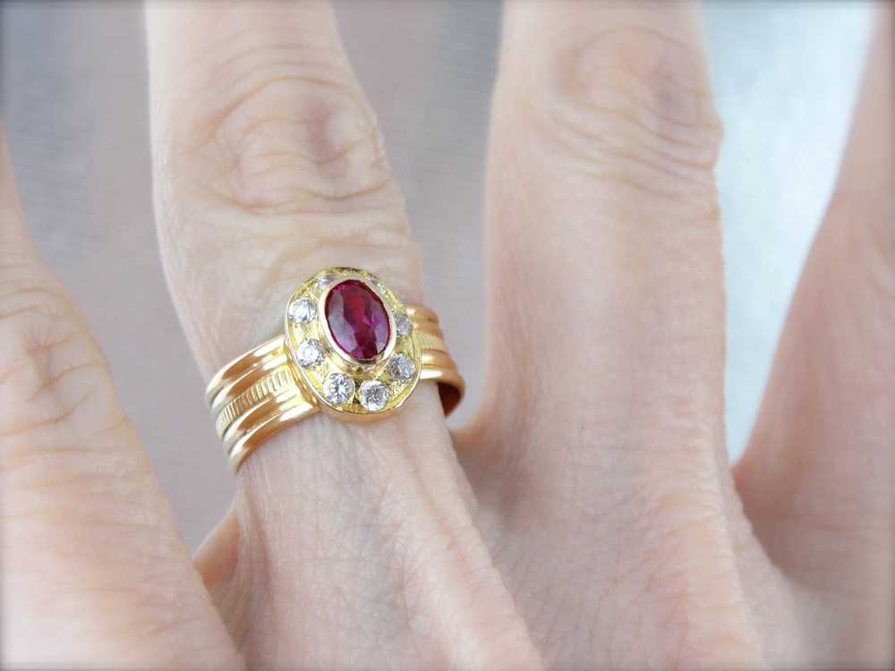 Synthetic Ruby and White Zircon Halo Ring in Yell… - image 5