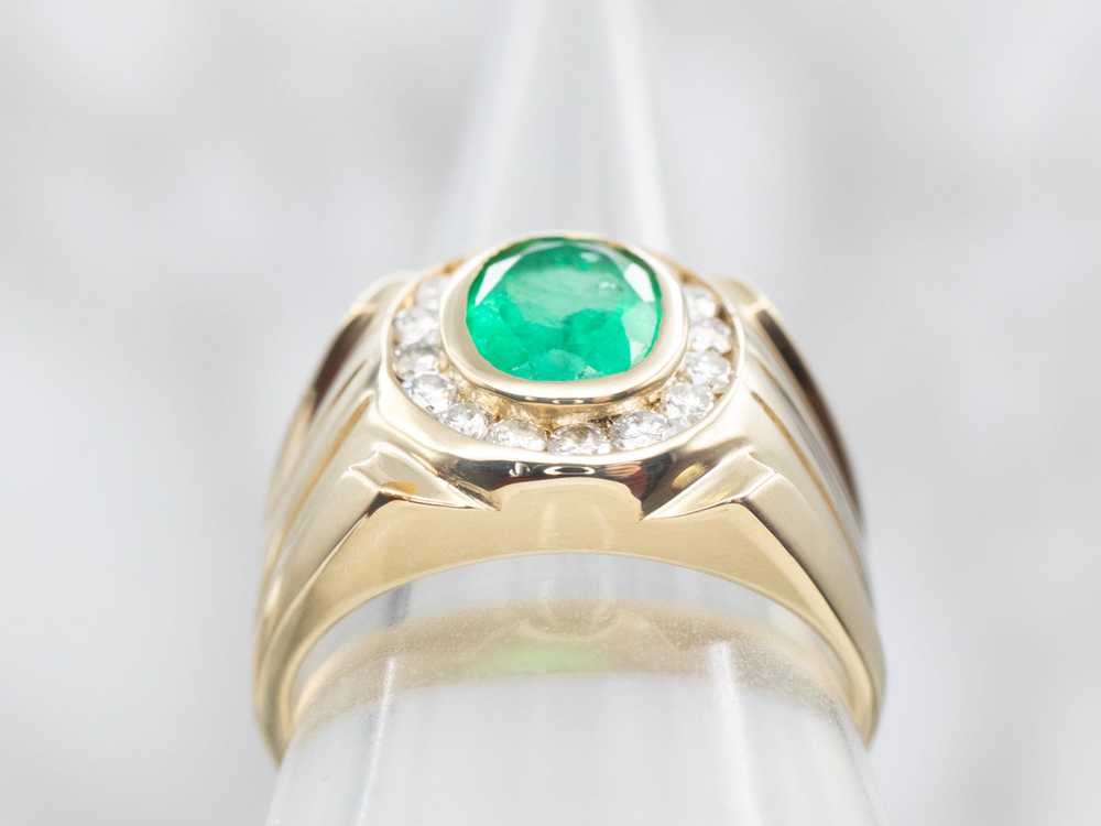 Yellow Gold Bezel Set Oval Cut Emerald Ring with … - image 3