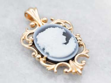 Scrolling Gold Black Onyx Cameo Pendant - image 1