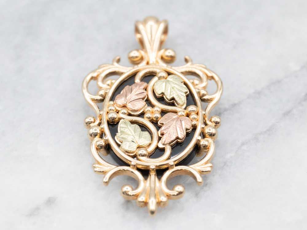 Scrolling Gold Black Onyx Cameo Pendant - image 3