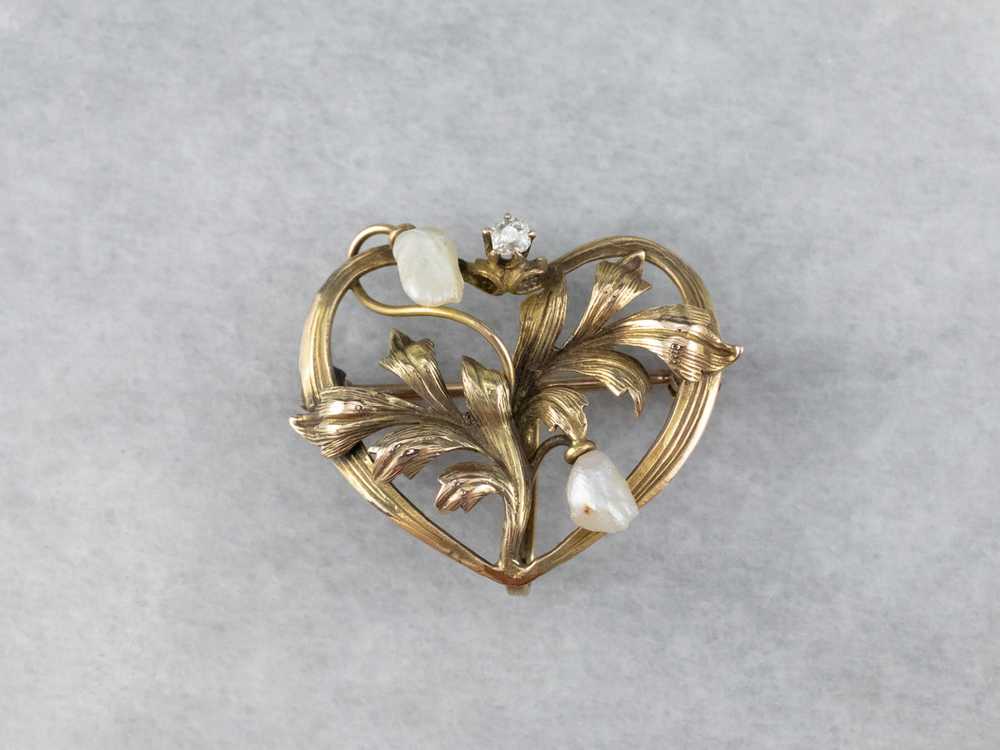 Antique Gold Natural Pearl and Diamond Pin - image 1