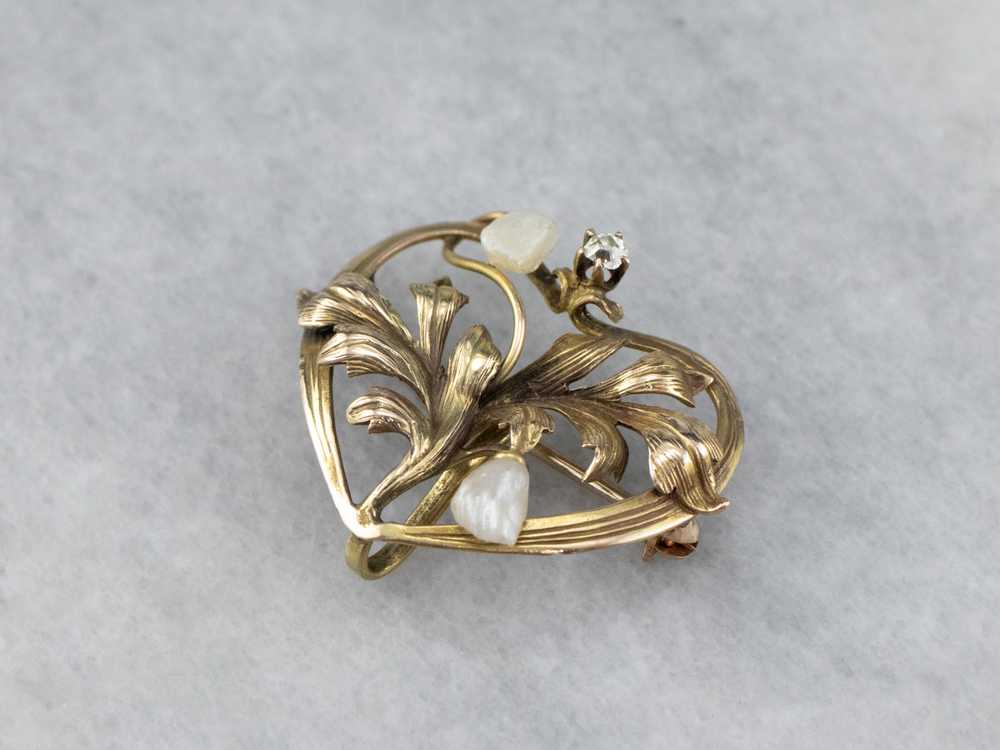 Antique Gold Natural Pearl and Diamond Pin - image 3