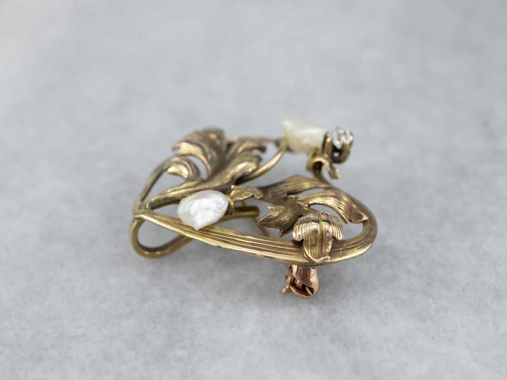 Antique Gold Natural Pearl and Diamond Pin - image 4