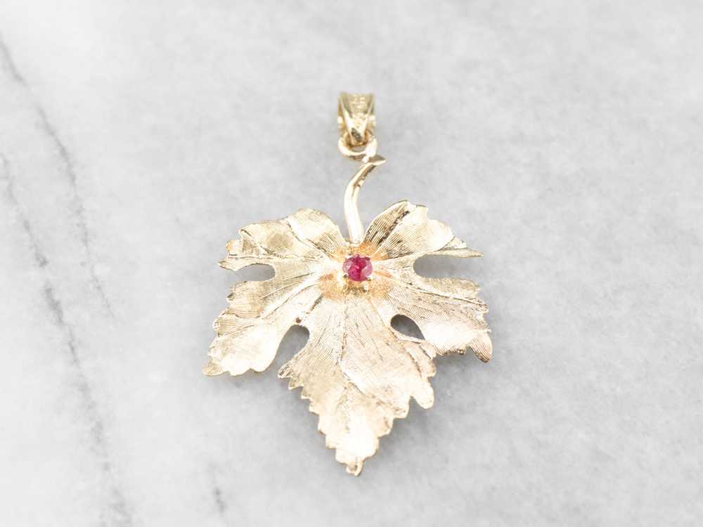 Yellow Gold Ruby Grape Leaf Pendant - image 2