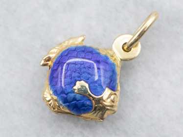 Vintage Gold Blue Enamel Fish Charm Pendant - image 1