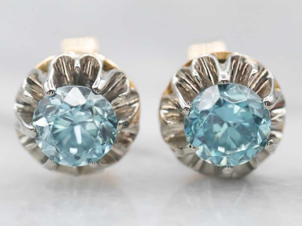 Two Tone Gold Blue Zircon Stud Earrings - image 2