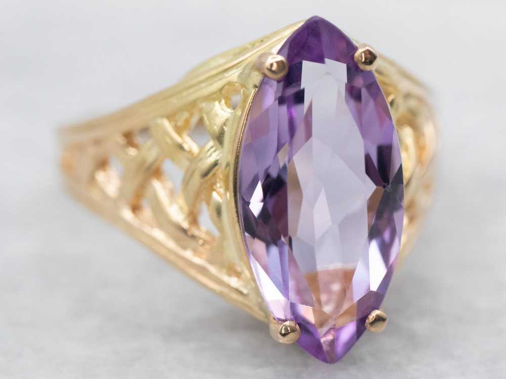 Yellow Gold Marquise Cut Amethyst Solitaire Ring - image 2