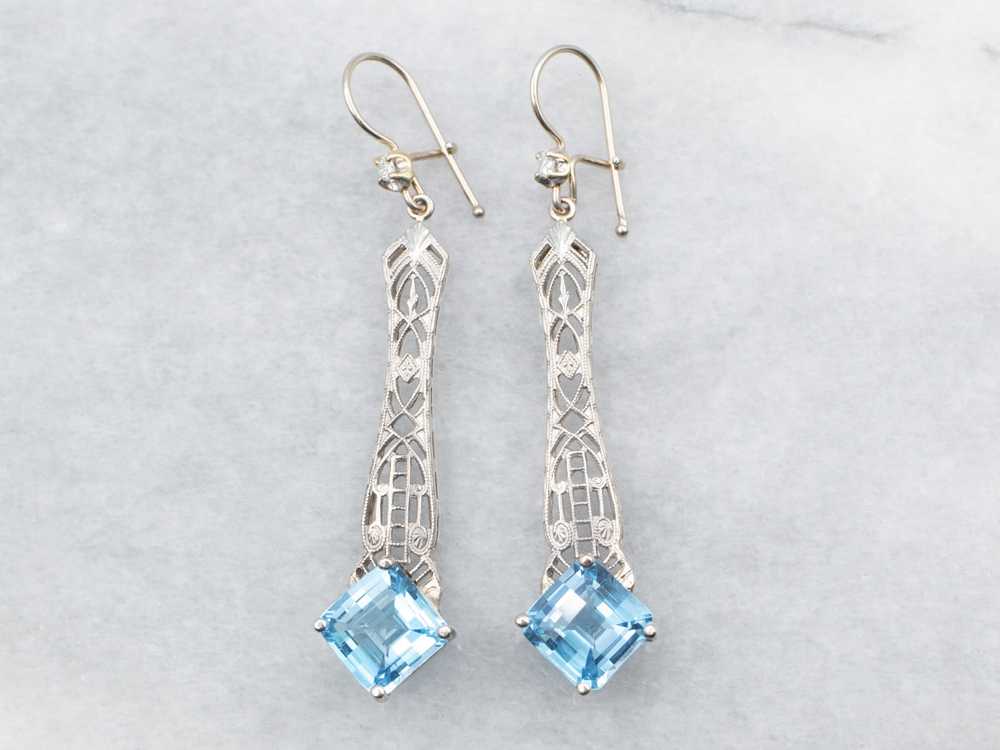 White Gold Blue Topaz Filigree Drop Earrings with… - image 1