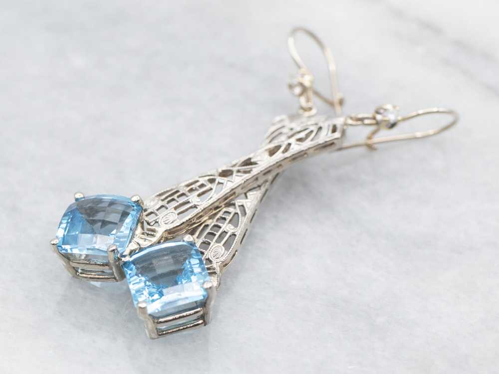 White Gold Blue Topaz Filigree Drop Earrings with… - image 2