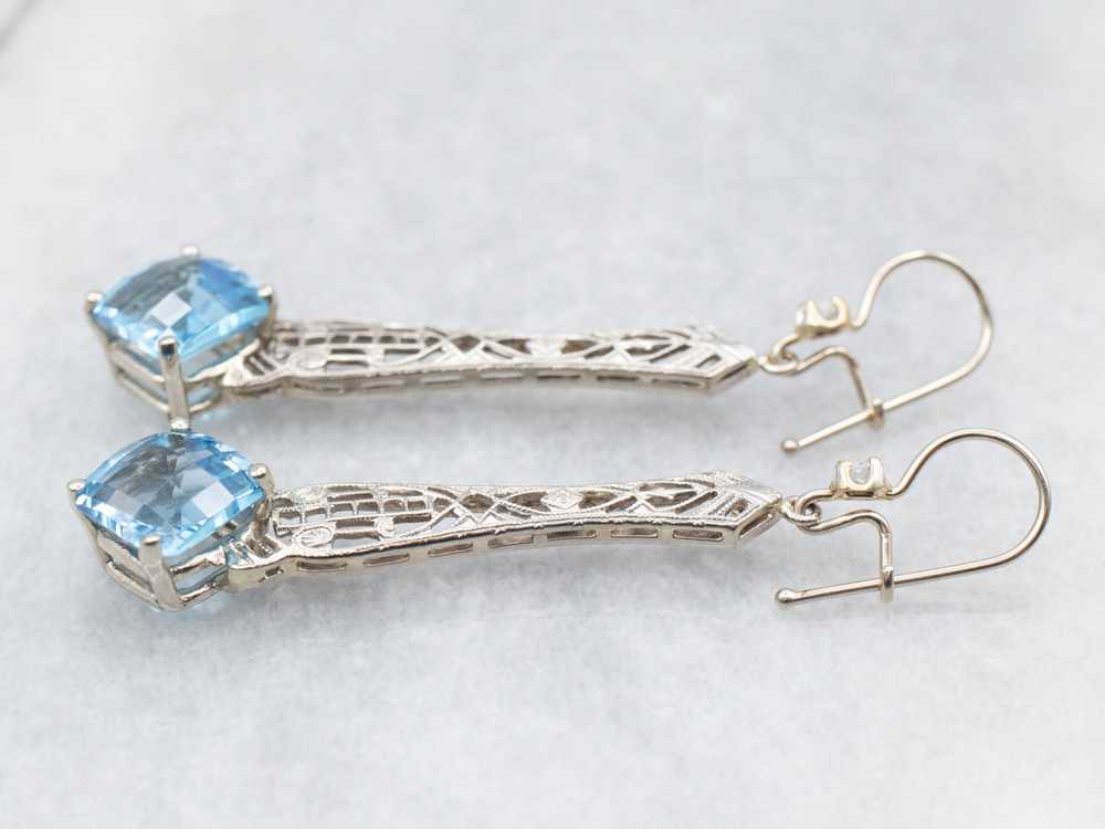 White Gold Blue Topaz Filigree Drop Earrings with… - image 3