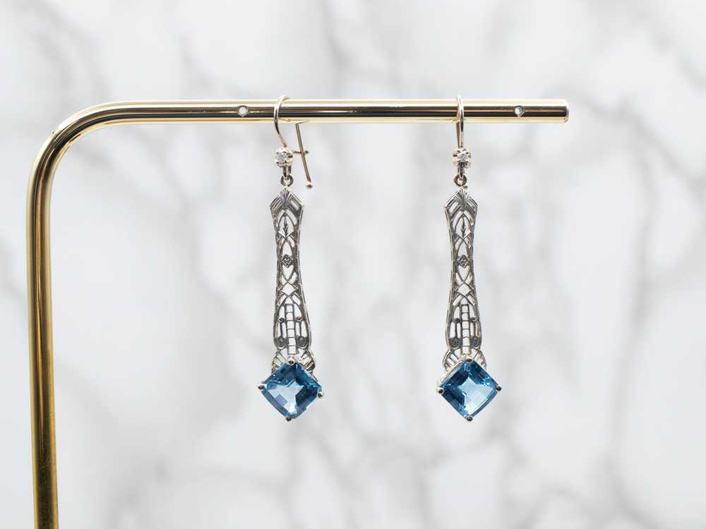 White Gold Blue Topaz Filigree Drop Earrings with… - image 4