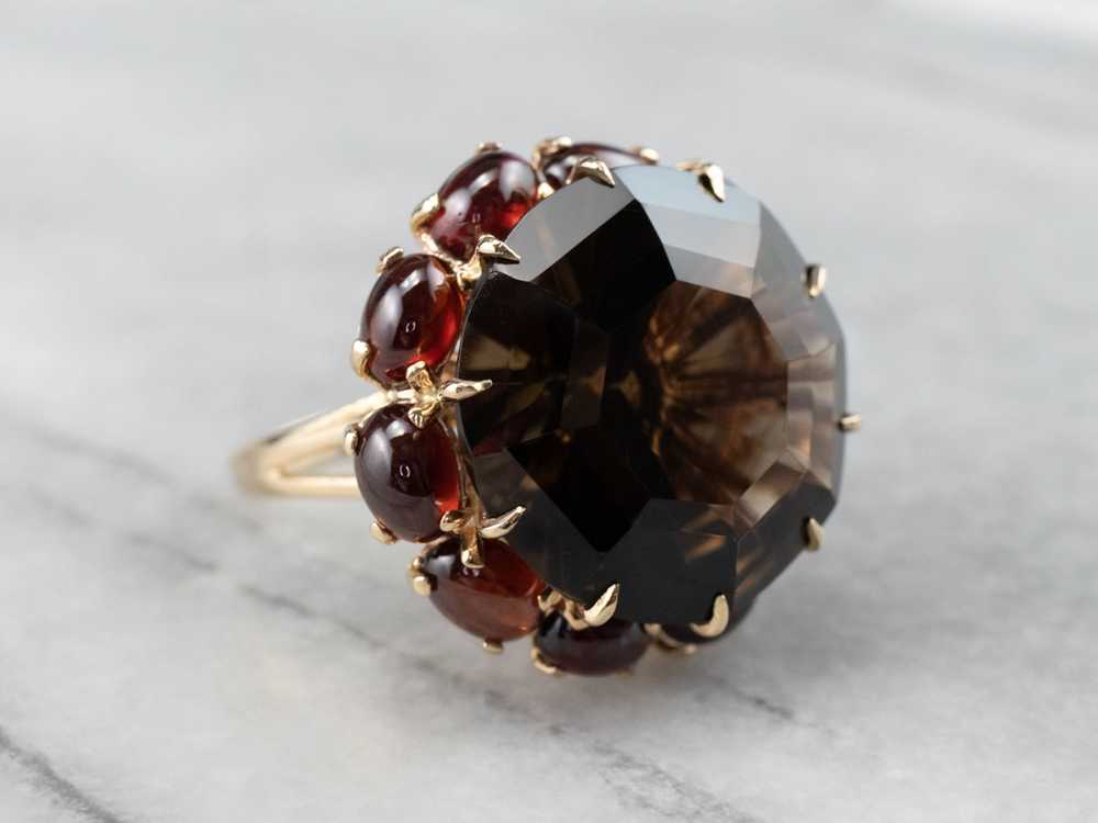 Smoky Quartz Garnet Halo Gold Cocktail Ring - image 1