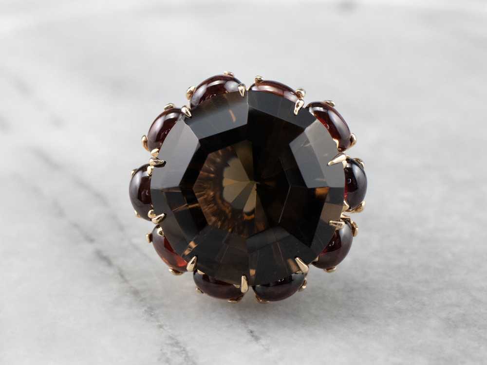 Smoky Quartz Garnet Halo Gold Cocktail Ring - image 2