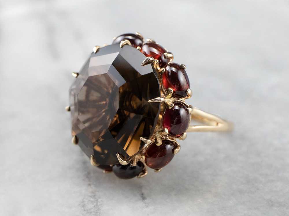 Smoky Quartz Garnet Halo Gold Cocktail Ring - image 3