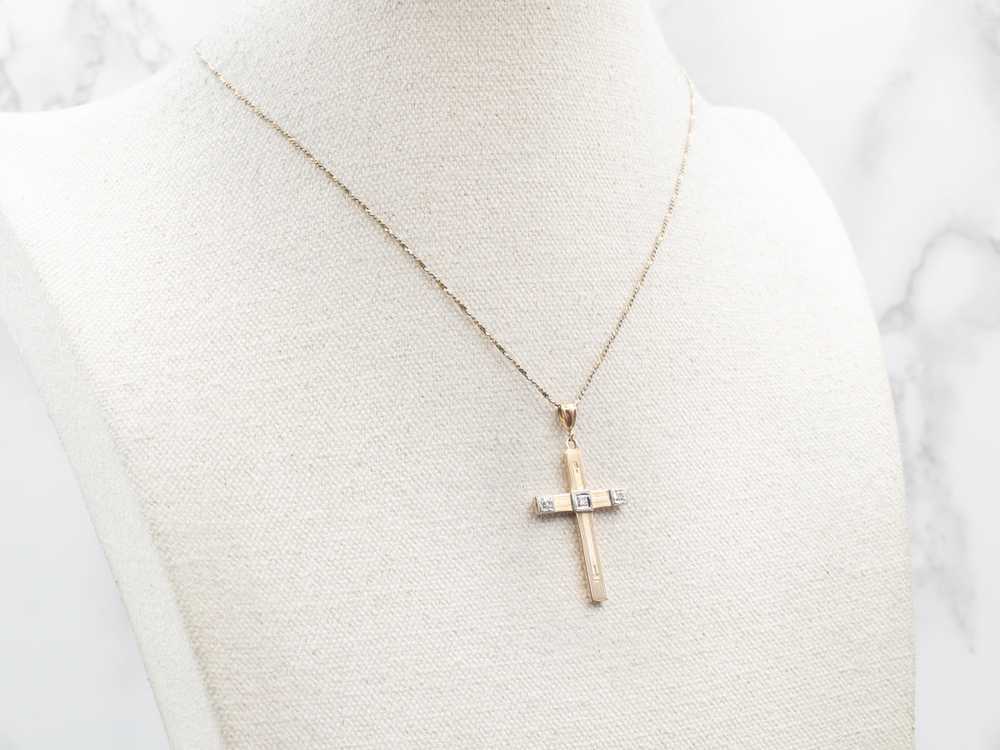 Retro Two Tone Gold Diamond Cross Pendant - image 3