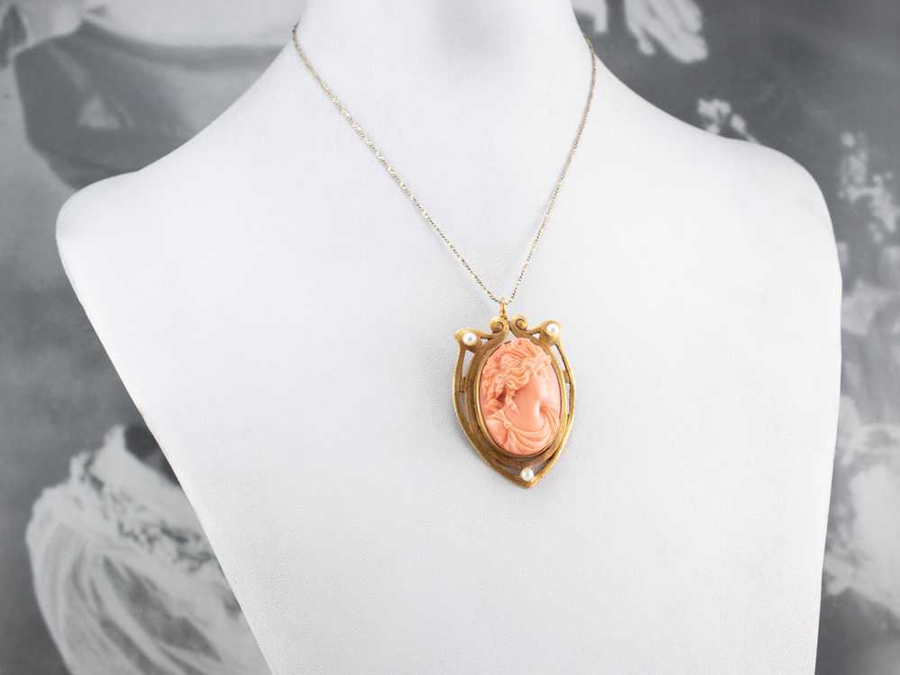 Art Nouveau Coral Cameo Gold Brooch Pendant - image 10