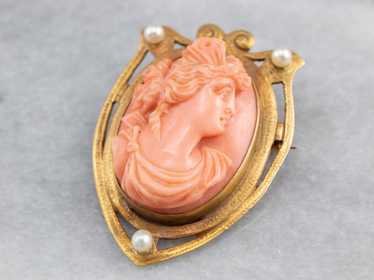 Art Nouveau Coral Cameo Gold Brooch Pendant - image 1