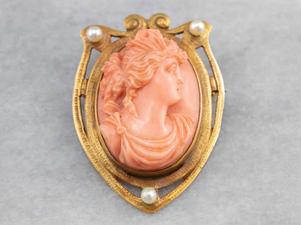 Art Nouveau Coral Cameo Gold Brooch Pendant - image 2