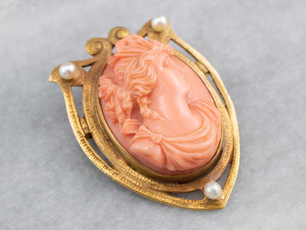 Art Nouveau Coral Cameo Gold Brooch Pendant - image 3