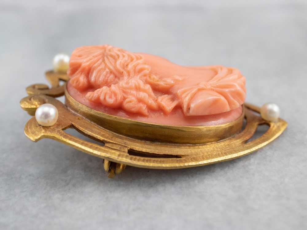 Art Nouveau Coral Cameo Gold Brooch Pendant - image 4