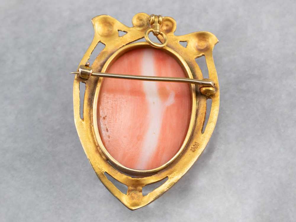 Art Nouveau Coral Cameo Gold Brooch Pendant - image 5