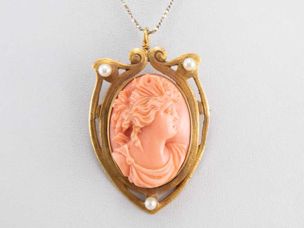 Art Nouveau Coral Cameo Gold Brooch Pendant - image 8