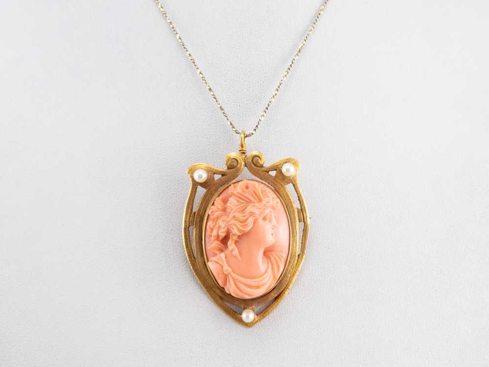 Art Nouveau Coral Cameo Gold Brooch Pendant - image 9