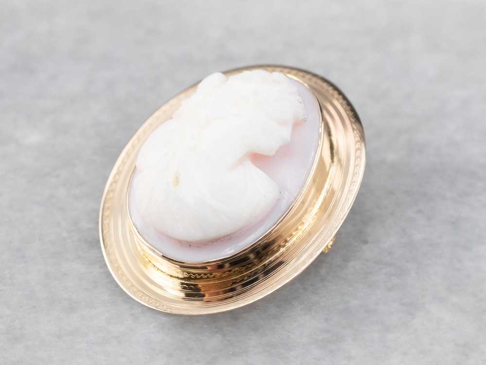 Vintage Pink Shell Cameo Gold Brooch - image 3