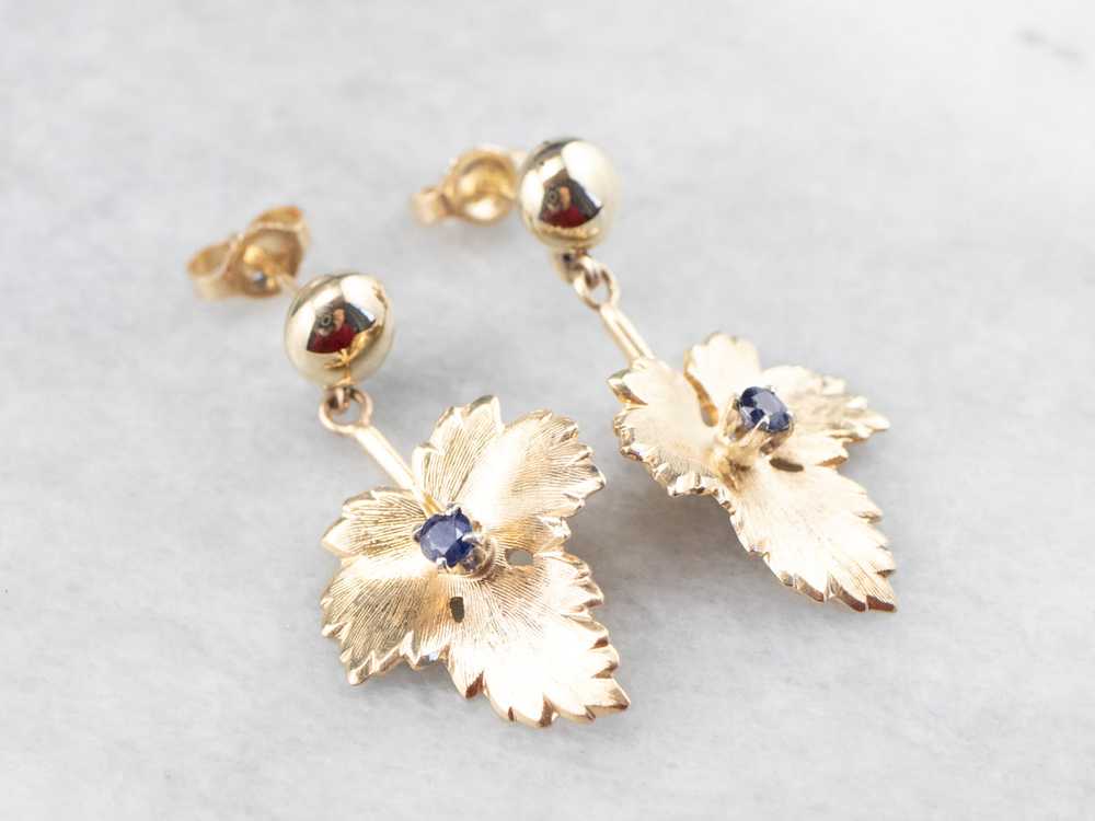 Gold Sapphire Leaf Drop Earrings - image 3