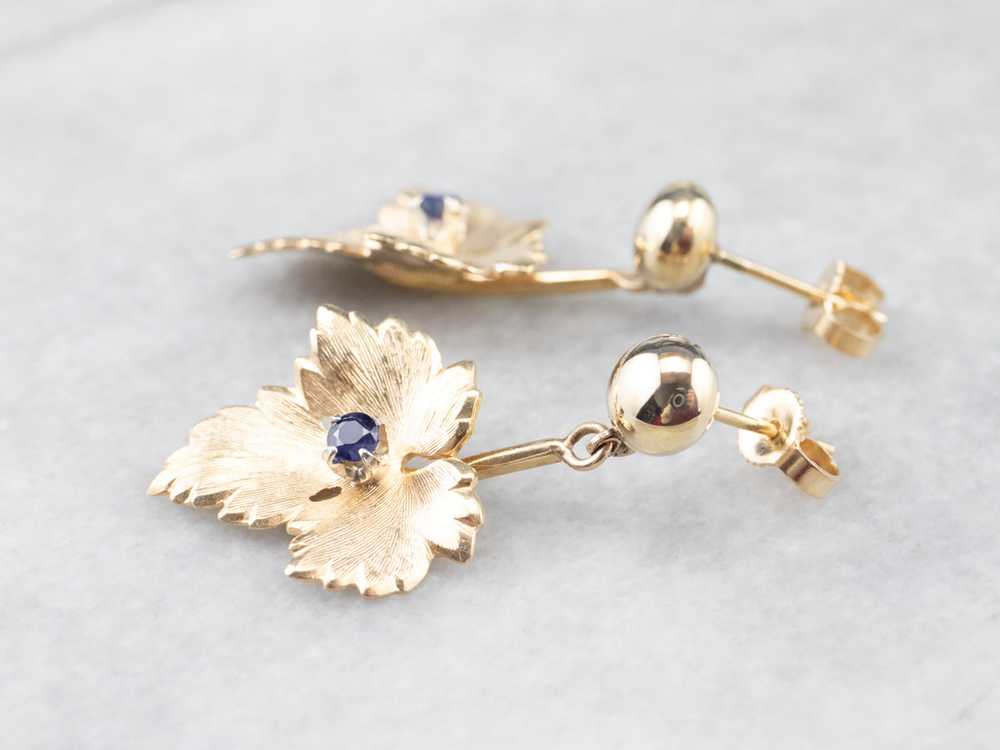 Gold Sapphire Leaf Drop Earrings - image 5