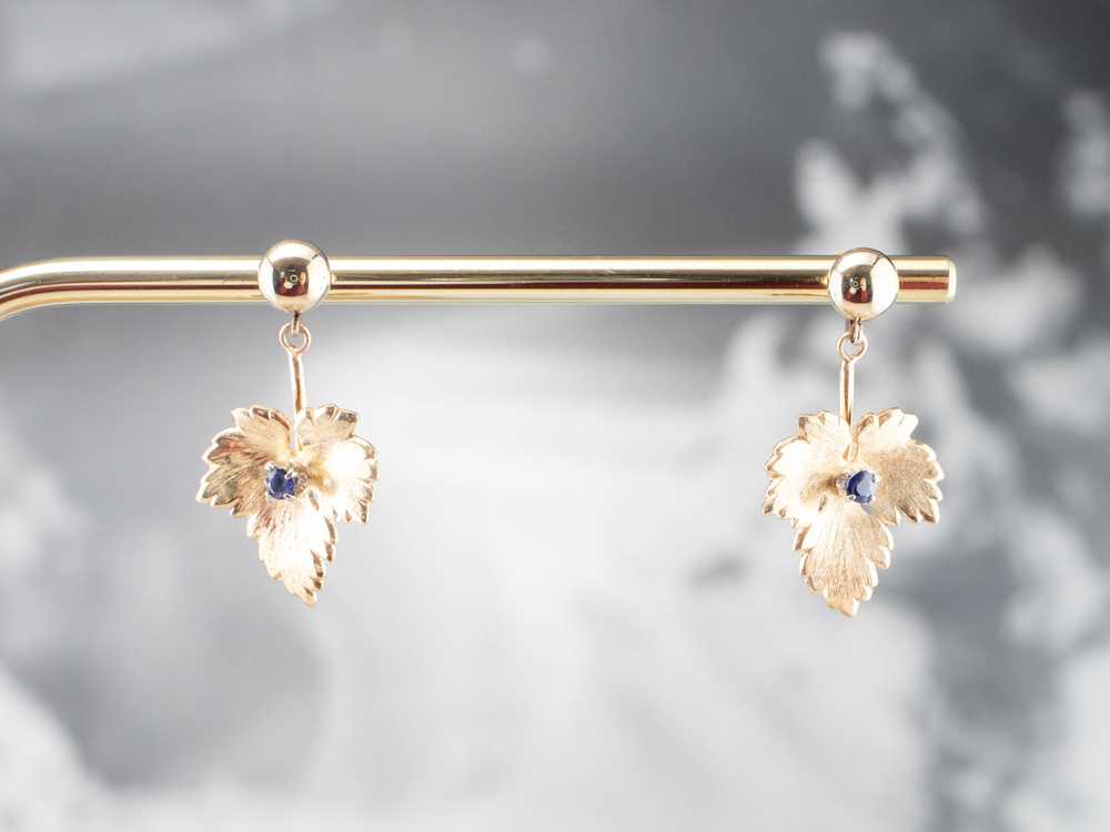 Gold Sapphire Leaf Drop Earrings - image 8