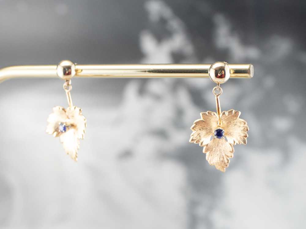 Gold Sapphire Leaf Drop Earrings - image 9