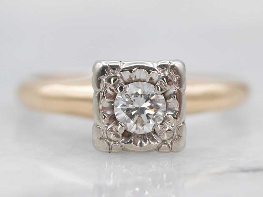 Retro Two Tone Diamond Solitaire Engagement Ring - image 1