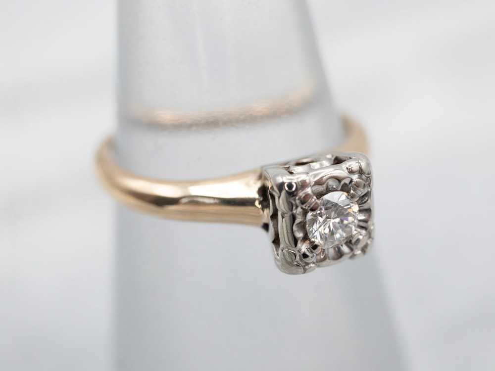 Retro Two Tone Diamond Solitaire Engagement Ring - image 3