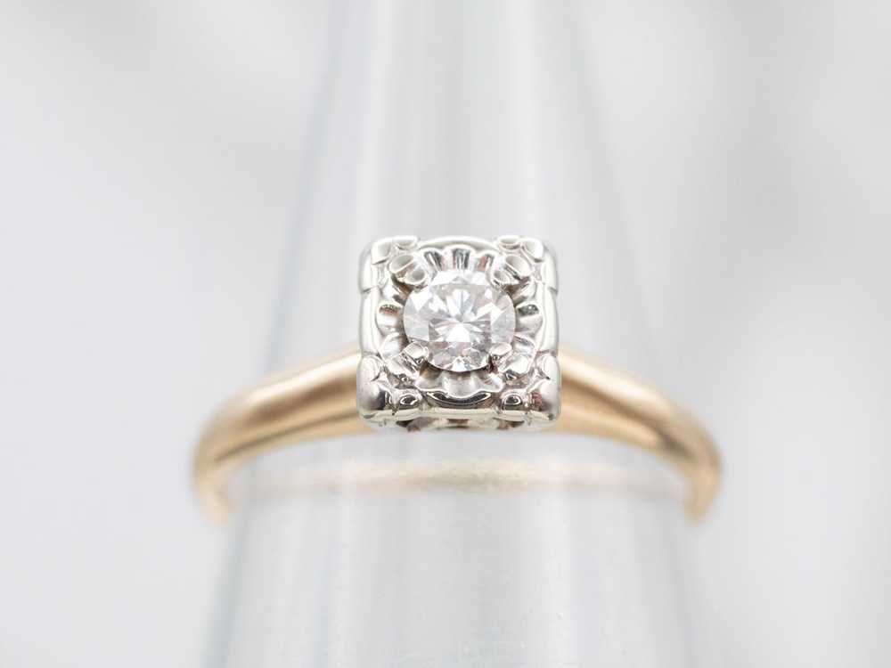 Retro Two Tone Diamond Solitaire Engagement Ring - image 4