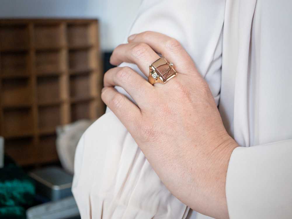 Beautiful Yellow Gold Jasper Ring with Diamond Ac… - image 5