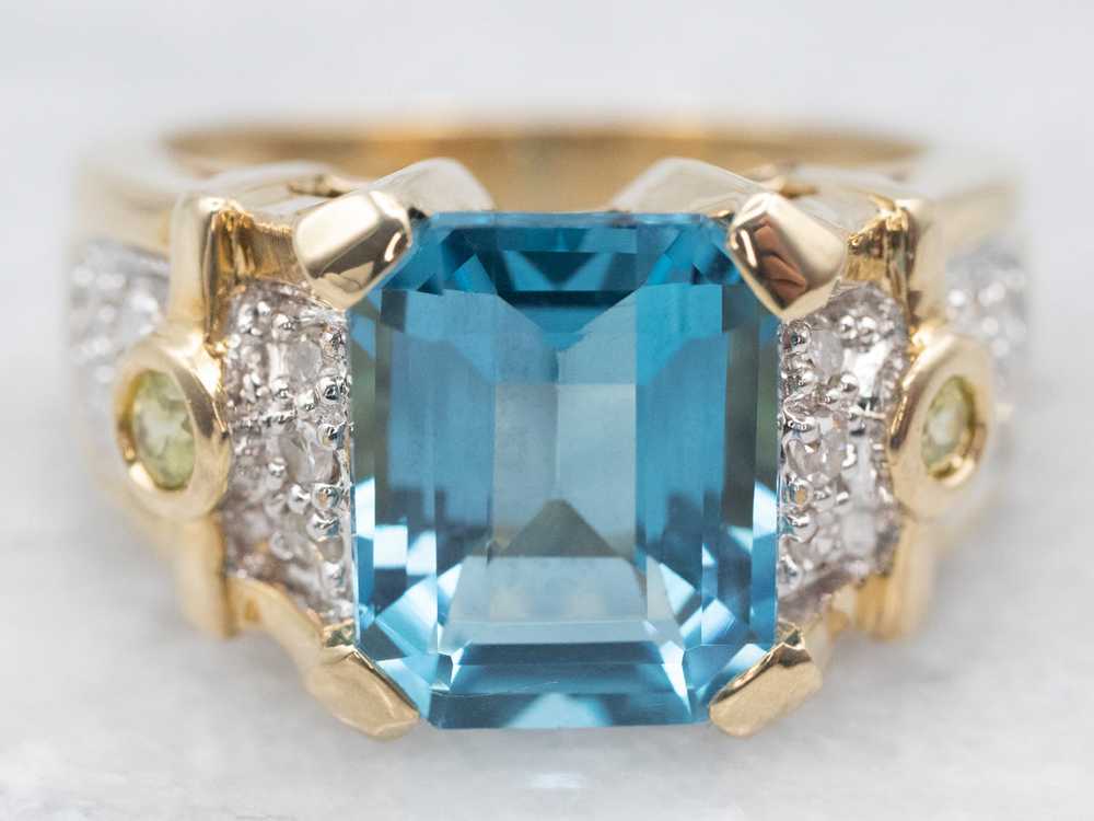 Blue Topaz Peridot and Diamond Cocktail Ring - image 2