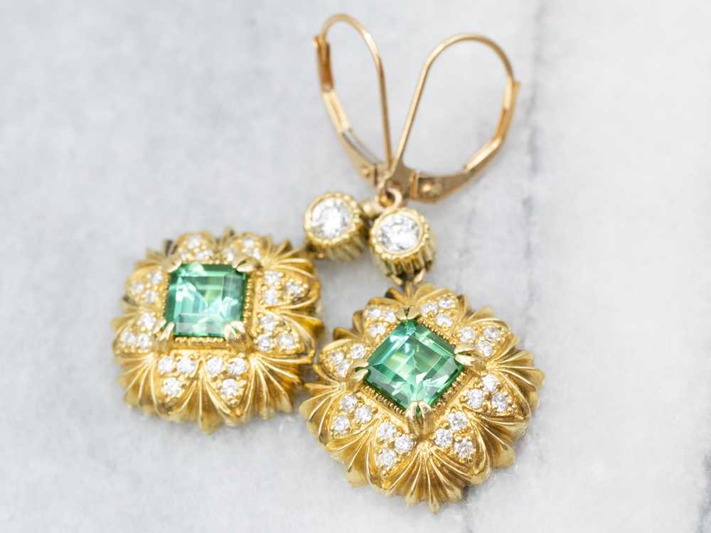 Italian 18K Gold Green Tourmaline and Diamond Dro… - image 1