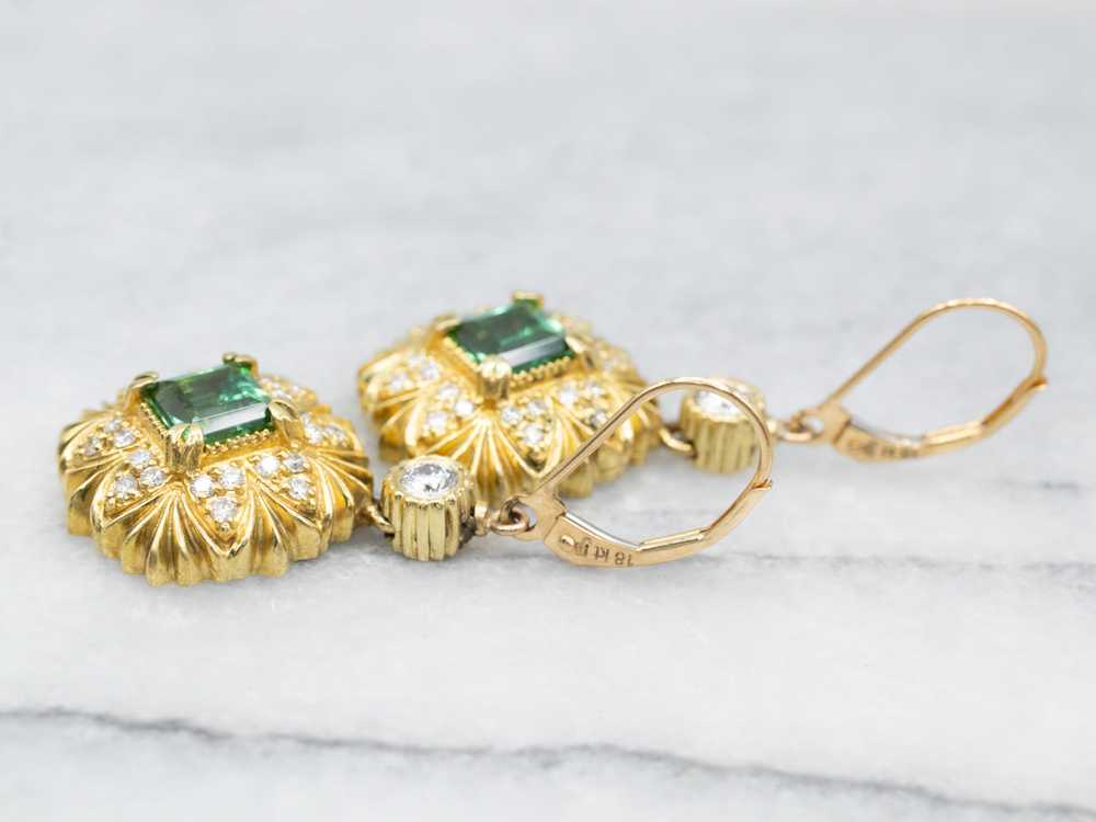 Italian 18K Gold Green Tourmaline and Diamond Dro… - image 3