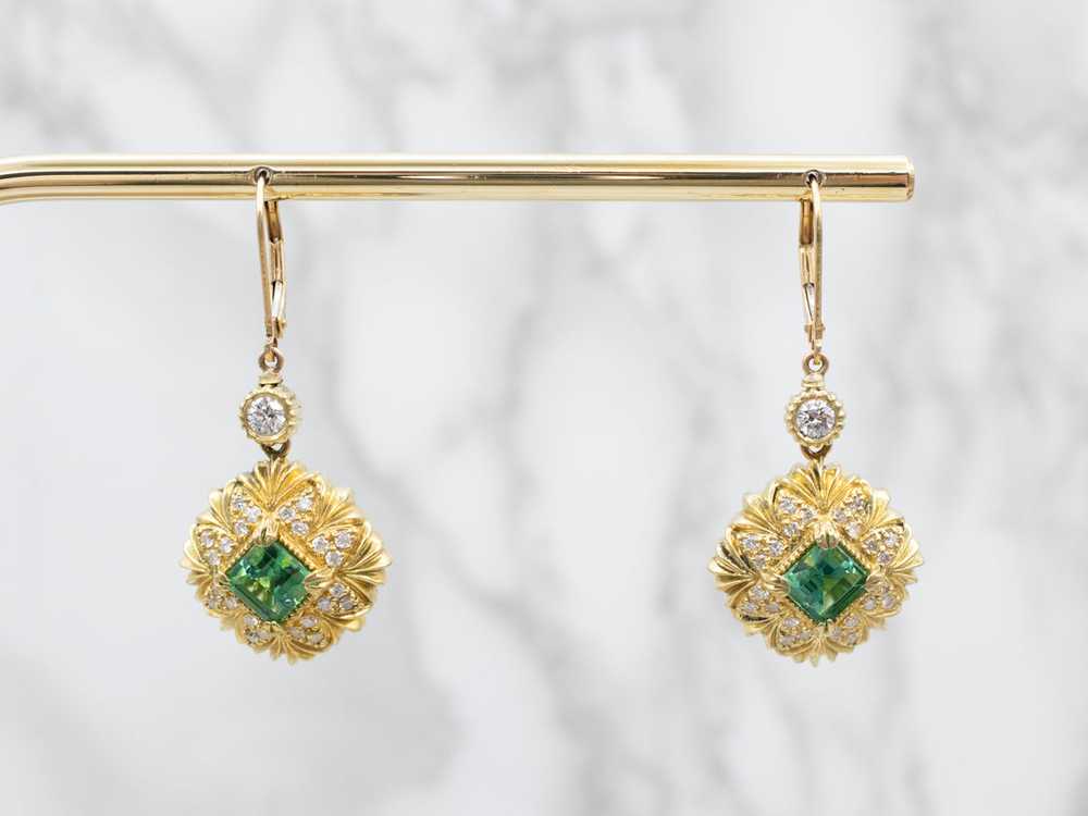 Italian 18K Gold Green Tourmaline and Diamond Dro… - image 5