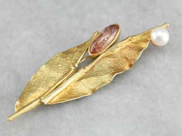 Ann Krupp Sunstone Leaf Gold Brooch - image 1