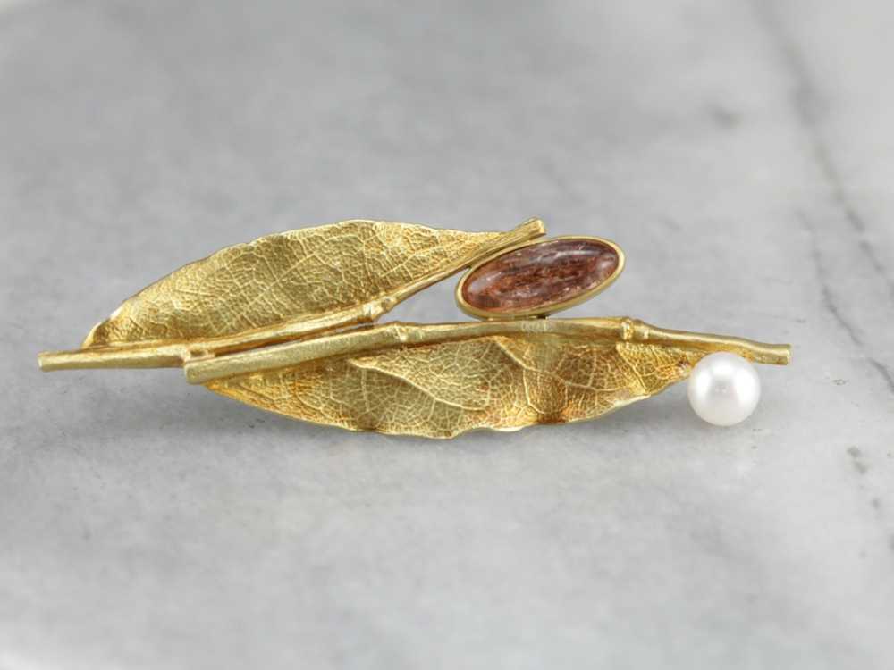 Ann Krupp Sunstone Leaf Gold Brooch - image 5