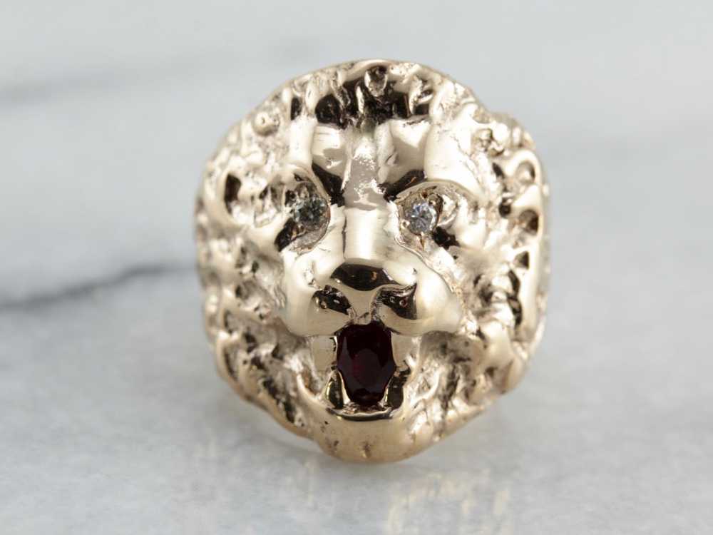 Huge Lion Statement Ring with Diamond Eyes and Ru… - image 1