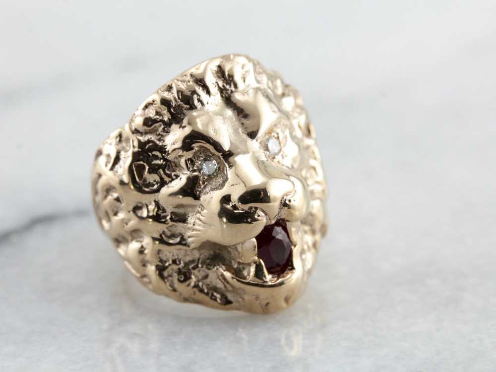 Huge Lion Statement Ring with Diamond Eyes and Ru… - image 2