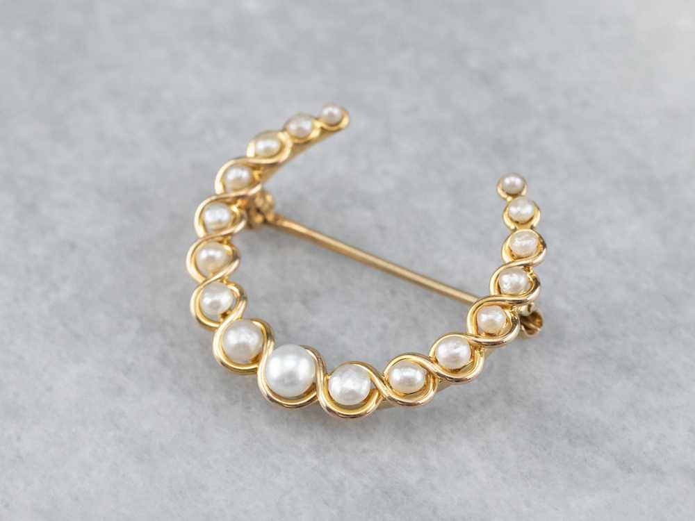 Antique Gold Pearl Crescent Moon Brooch - image 1