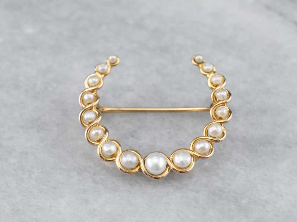 Antique Gold Pearl Crescent Moon Brooch - image 2