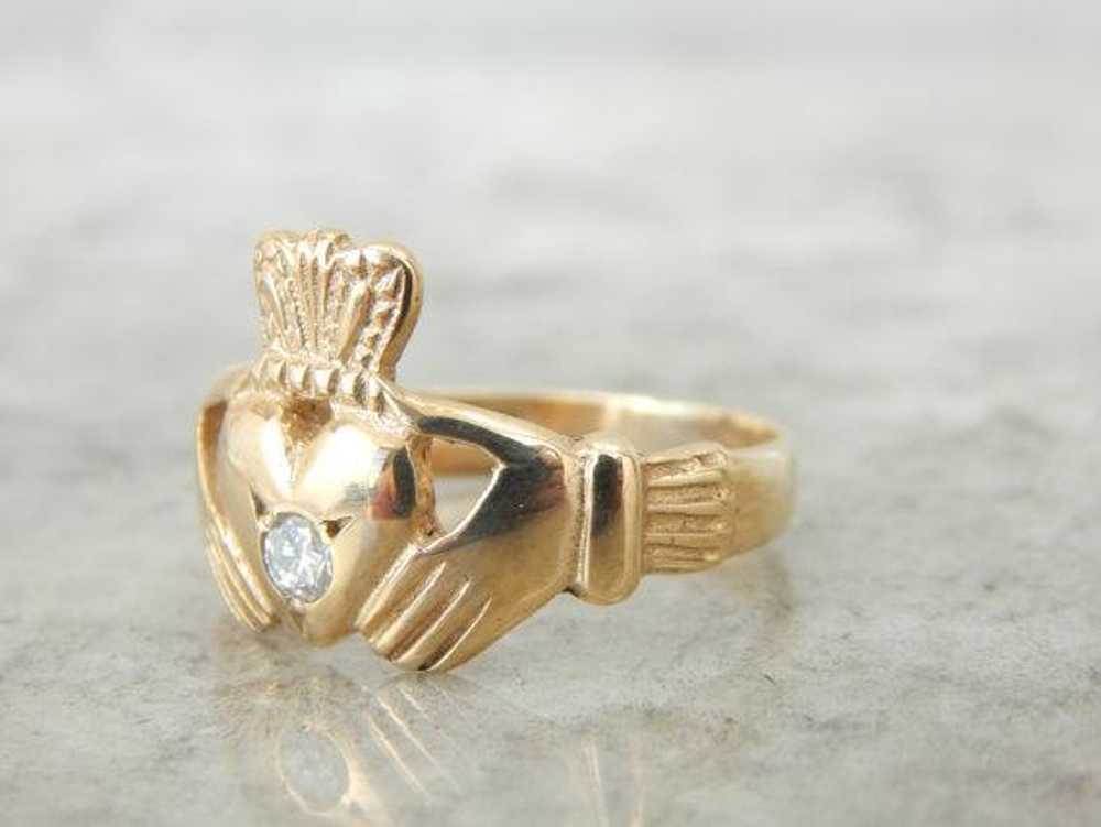 Diamond Center Gold Claddagh Ring - image 1