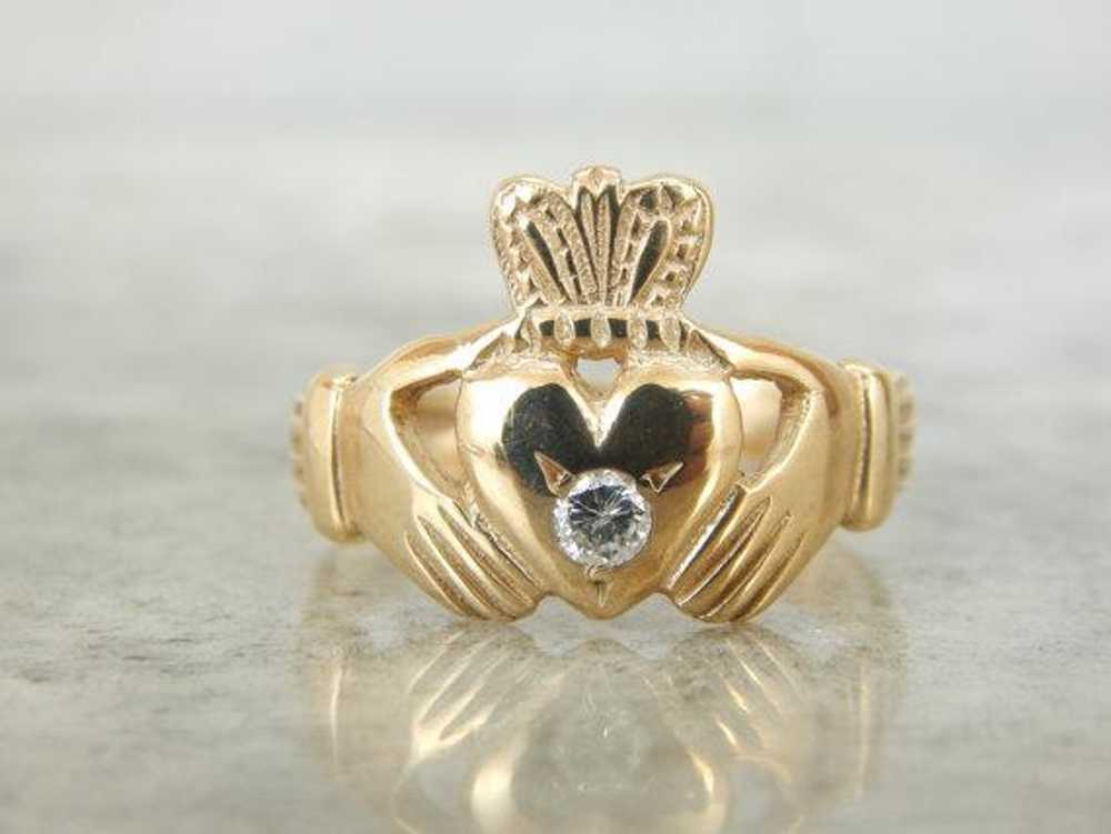 Diamond Center Gold Claddagh Ring - image 2