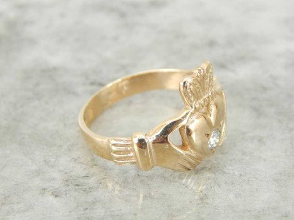 Diamond Center Gold Claddagh Ring - image 3