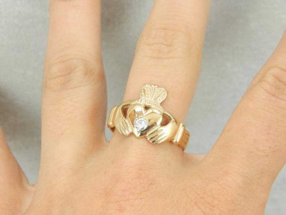 Diamond Center Gold Claddagh Ring - image 4